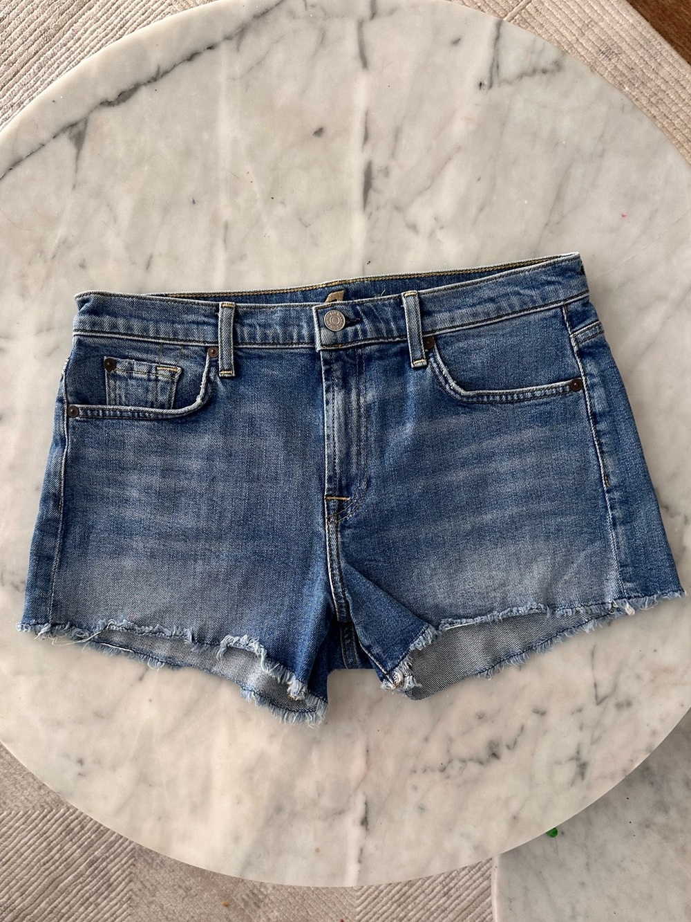 7 For All Mankind Blue Denim Frayed Hem Shorts